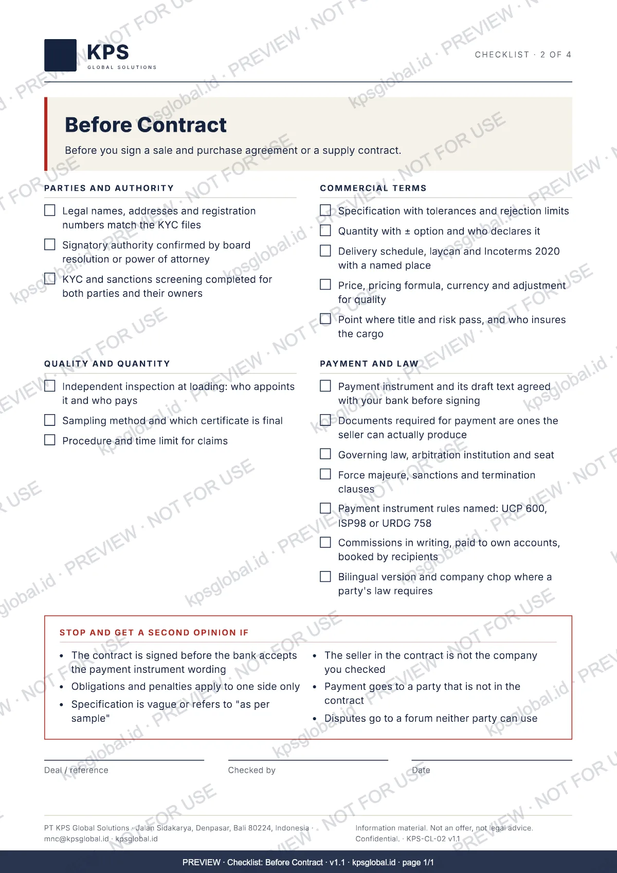 Checklist: Before Contract, page 1: preview with watermark