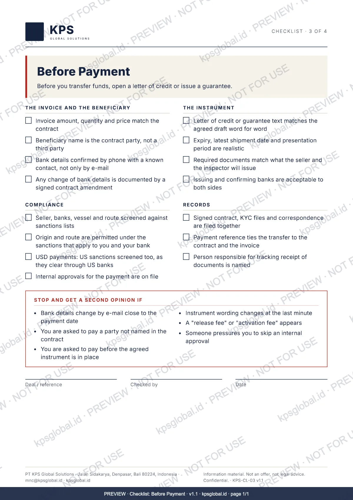 Checklist: Before Payment, page 1: preview with watermark