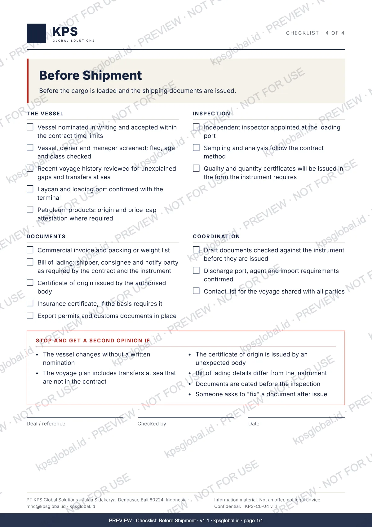 Checklist: Before Shipment, page 1: preview with watermark
